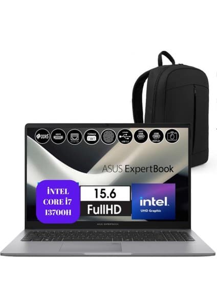 Asus expertbook P1 P1503 Intel Core I7-13700H 32GB Ddr5 512 SSD W11P 15.6 Fhd Taşınabilir Bilgisayar P1503CVA-I732512W11P + Sırt Çantası