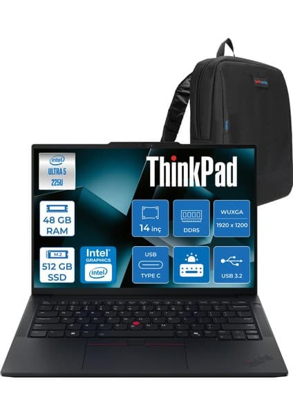 Lenovo Thinkpad E14 Gen 7 Intel Core Ultra 5 225U 48GB Ddr5 512GB SSD Freedos Intel Aı Boost 14 Inç Wuxga (1920 x 1200) IPS 300NITS Taşınabilir Bilgisayar 21SX007DTXF22 + Zetta Çanta
