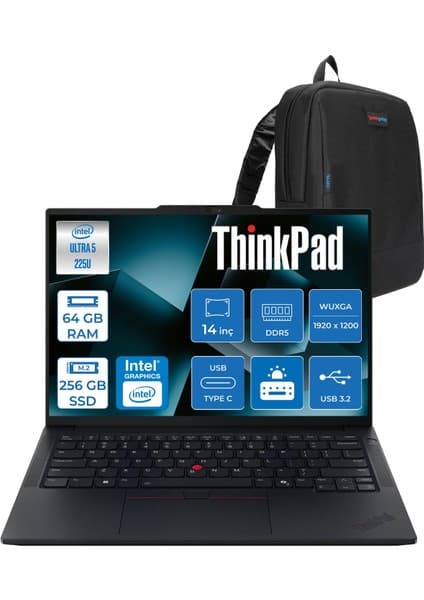 Lenovo Thinkpad E14 Gen 7 Intel Core Ultra 5 225U 64GB Ddr5 256GB SSD Freedos Intel Aı Boost 14 Inç Wuxga (1920 x 1200) IPS 300NITS Taşınabilir Bilgisayar 21SX007DTXF26 + Zetta Çanta
