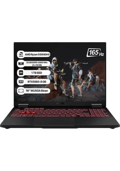 Asus Tuf Gaming A16 FA608PM-RV026 Amd Ryzen 9 8940HX 32GB 1tb SSD RTX5060-8GB 115W Freedos 16\