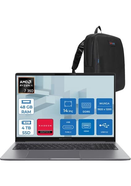 Asus Expertbook P3 PM3406CKA Ryzen Aı 7-350 48GB Ddr5 4tb SSD Radeon 860M 14.0-Inch, Wuxga (1920 x 1200) 300NITS Freedos Taşınabilir Bilgisayar PM3406CKAF15+ZETTAÇANTA