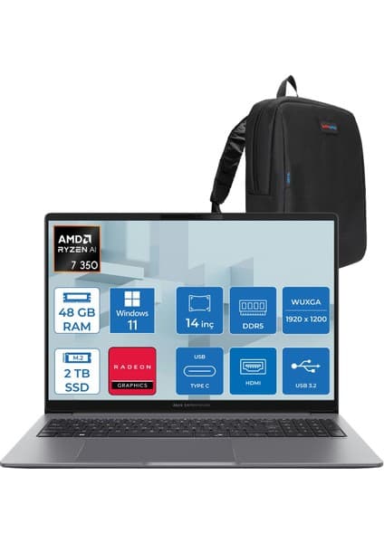 Asus Expertbook P3 PM3406CKA Ryzen Aı 7-350 48GB Ddr5 2tb SSD Radeon 860M 14.0-Inch, Wuxga (1920 x 1200) 300NITS WIN11PRO Taşınabilir Bilgisayar PM3406CKAP14+ZETTAÇANTA