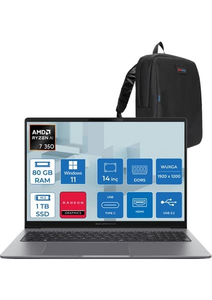 Asus Expertbook P3 PM3406CKA Ryzen Aı 7-350 80GB Ddr5 1tb SSD Radeon 860M 14.0-Inch, Wuxga (1920 x 1200) 300NITS WIN11PRO Taşınabilir Bilgisayar PM3406CKAP23+ZETTAÇANTA
