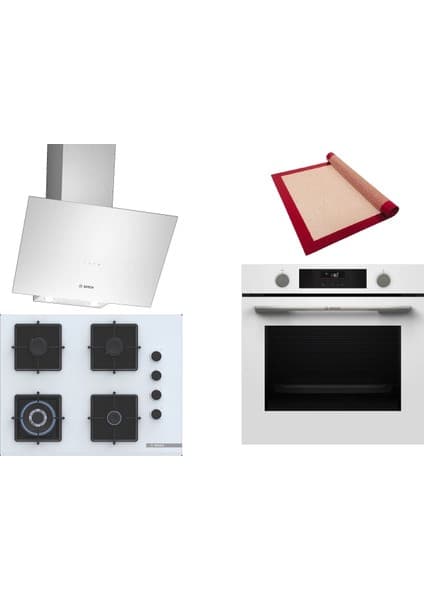 Bosch Beyaz 3 Lü Ankastre Set 355 ( HUA736EV0T - POH7C2P30O - DWK64PJ20T ) 67CM Wok Bek Ocak - Buhar Destekli Fırın - Pişirme Matı ile Birlikte