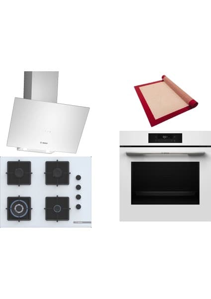 Bosch Beyaz 3 Lü Ankastre Set 359 ( HJG852YW0T - POH7C2P30O - DWK64PJ20T ) 67CM Wok Bek Ocak - 3D Fry Hava ile Kızartma - Pişirme Matı ile Birlikte
