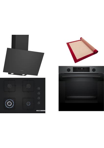 Bosch Siyah 3 Lü Ankastre Set 353 ( HUA736EG0T - POH7C6P30O - DWK64PJ60T ) 67CM Wok Bek Ocak - Buhar Destekli Siyah Inox Fırın - Pişirme Matı ile Birlikte