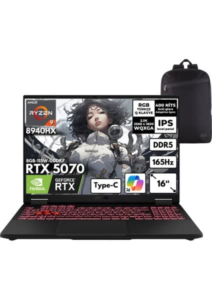 Asus Tuf Gaming A16 Ryzen 9-8940HX 48-Gbddr5 4 Tbssd RTX5070 (8GB-115W-GDDR7) 16\