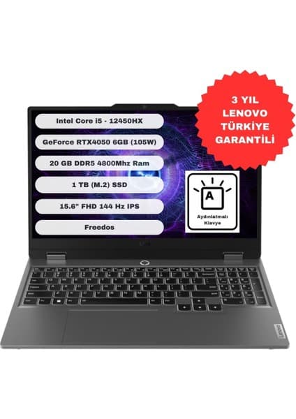 Lenovo Loq 15IAX9 GTI20 Intel Core I5 12450HX 20GB 1tb SSD RTX4050 Freedos 15.6'' Fhd 83GS00Q6TR