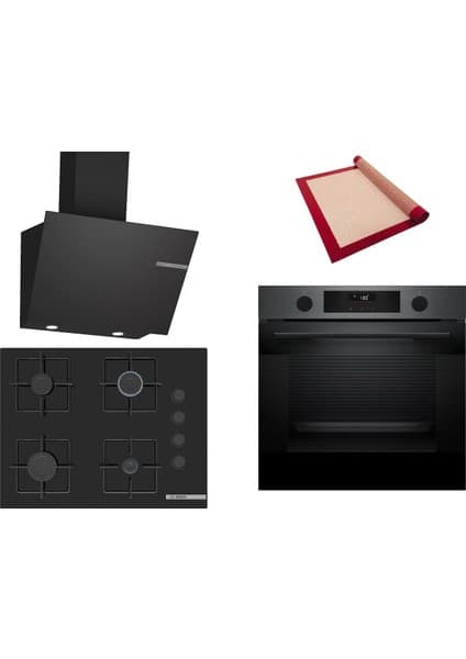 Bosch Siyah 3 Lü Ankastre Set 377 ( HUA736EG0T - POP7C6P30O - DWK66PJ60T ) 67CM Ocak - Buhar Destekli - Pişirme Matı ile