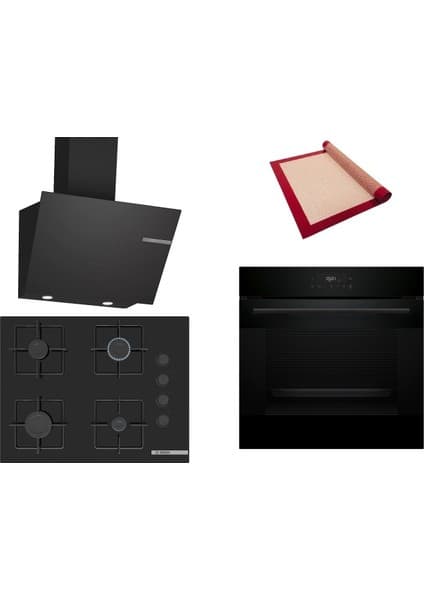 Bosch Siyah 3 Lü Ankastre Set 380 ( HJG852YB0T - POP7C6P30O - DWK66PJ60T ) 67CM Ocak - 3D Fry Hava ile Kızartma - Pişirme Matı ile