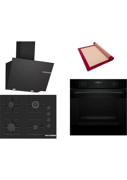 Bosch Siyah 3 Lü Ankastre Set 372 ( HUA717BA0T - POP7C6P30O - DWK66PJ60T ) 67CM Ocak - Buhar Destekli - Pişirme Matı ile