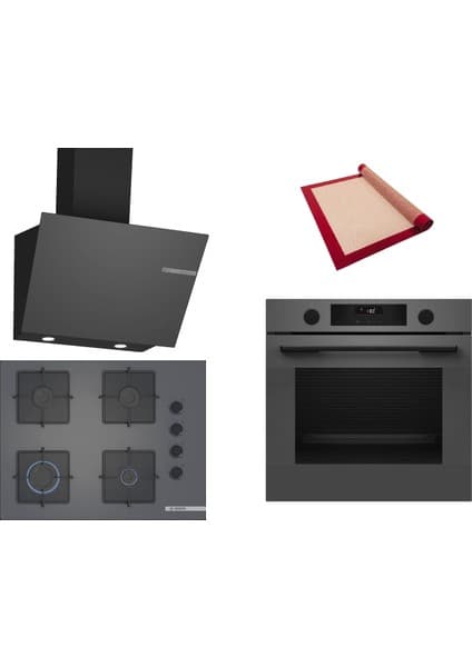 Bosch Gri 3 Lü Ankastre Set 378 ( HUA736EN0T - POP7C9P30O - DWK66PJ70T ) 67CM Ocak - Buhar Destekli - Pişirme Matı ile