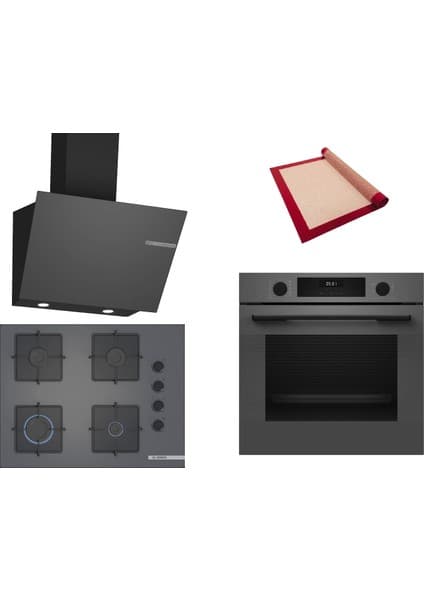 Bosch Gri 3 Lü Ankastre Set 373 ( HUA717BN0T - POP7C9P30O - DWK66PJ70T ) 67CM Ocak - Buhar Destekli - Pişirme Matı ile