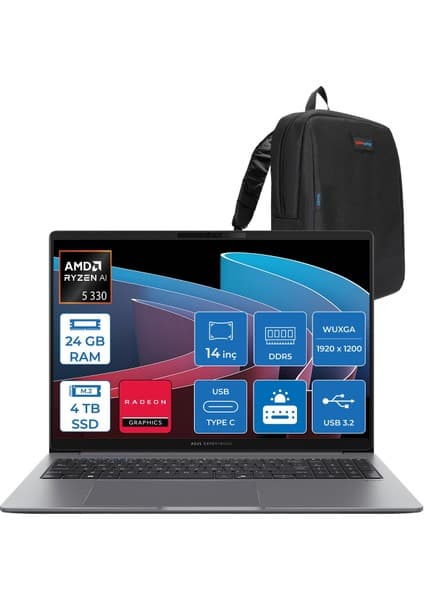 Asus Expertbook P3 PM3406CKA Ryzen Aı 5-330 24GB Ddr5 4tb SSD Radeon 820M 14.0-Inch, Wuxga (1920 x 1200) 300NITS Freedos Taşınabilir Bilgisayar PM3406CKA5F05+ZETTAÇANTA