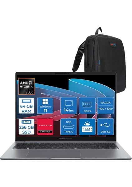 Asus Expertbook P3 PM3406CKA Ryzen Aı 5-330 64GB Ddr5 256GB SSD Radeon 820M 14.0-Inch, Wuxga (1920 x 1200) 300NITS WIN11PRO Taşınabilir Bilgisayar PM3406CKA5P16+ZETTAÇANTA