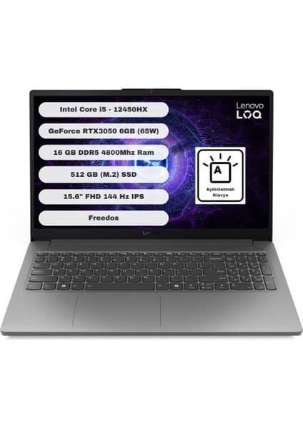 Lenovo LOQ 15IAX9E Intel Core i5 12450HX 16GB 512GB SSD RTX3050 Freedos 15.6\