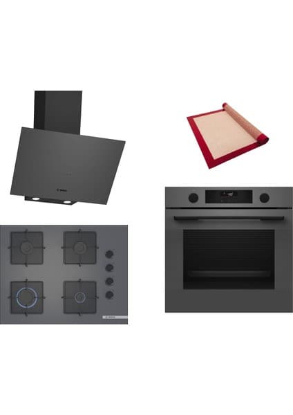 Bosch Gri 3 Lü Ankastre Set 402 ( HUA736EN0T - POP7C9P30O - DWK64PJ70T ) 67CM Ocak - Buhar Destekli - Pişirme Matı ile