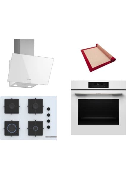Bosch Beyaz 3 Lü Ankastre Set 407 ( HJG852YW0T - POP7C2P30O - DWK63PJ20T ) 67CM Ocak - 3D Fry Hava ile Kızartma - Pişirme Matı ile