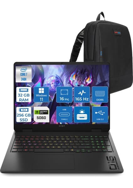 Hp Omen W16-AM0017NT Intel Core 7 240H 32GB Ddr5 256GB SSD Windows 11 Home RTX5060 8gb Gddr7 16 Inc Wuxga (1920 x 1200) IPS 165HZ 3ms 400NITS 100% Srgb Gaming Laptop WBQ1Z0EAH15 + Zetta Çanta