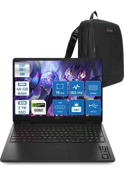 Hp Omen W16-AM0017NT Intel Core 7 240H 40GB Ddr5 2tb SSD Freedos RTX5060 8gb Gddr7 16 Inc Wuxga (1920 x 1200) IPS 165HZ 3ms 400NITS 100% Srgb Gaming Laptop WBQ1Z0EAF25 + Zetta Çanta
