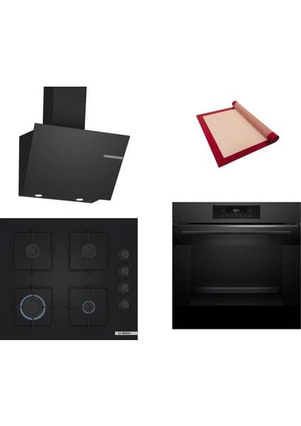 Bosch Siyah 3 Lü Ankastre Set 418 ( HJG852YT0T - POP6C6P30O - DWK66PJ60T ) - 3D Fry Hava ile Kızartma - Pişirme Matı ile