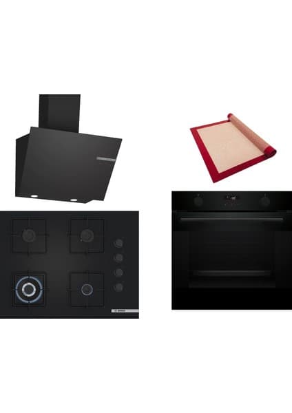 Bosch Siyah 3 Lü Ankastre Set 424 ( HUA736EA0T - POH7C6P30O - DWK66PJ60T ) 67CM Wok Bek Ocak - Buhar Destekli Fırın - Pişirme Matı ile
