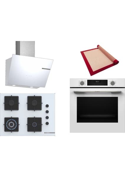 Bosch Beyaz 3 Lü Ankastre Set 423 ( HUA717BV0T - POH7C2P30O - DWK66PJ20T ) 67CM Wok Bek Ocak - Buhar Destekli Fırın - Pişirme Matı ile