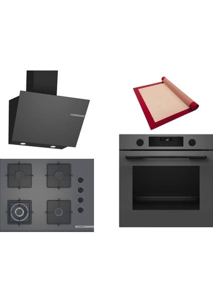 Bosch Gri 3 Lü Ankastre Set 426 ( HUA736EN0T - POH7C9P30O - DWK66PJ70T ) 67CM Wok Bek Ocak - Buhar Destekli - Pişirme Matı ile