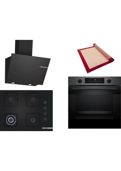 Bosch Siyah 3 Lü Ankastre Set 425 ( HUA736EG0T - POH7C6P30O - DWK66PJ60T ) 67CM Wok Bek Ocak - Buhar Destekli Siyah Inox Fırın - Pişirme Matı ile