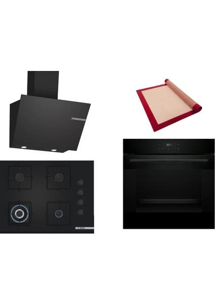 Bosch Siyah 3 Lü Ankastre Set 428 ( HJG852YB0T - POH7C6P30O - DWK66PJ60T ) 67CM Wok Bek Ocak - 3D Fry Hava ile Kızartma - Pişirme Matı ile
