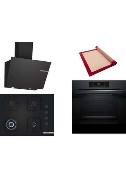 Bosch Siyah 3 Lü Ankastre Set 430 ( HJG852YT0T - POH7C6P30O - DWK66PJ60T ) 67CM Wok Bek Ocak - 3D Fry Hava ile Kızartma - Pişirme Matı ile
