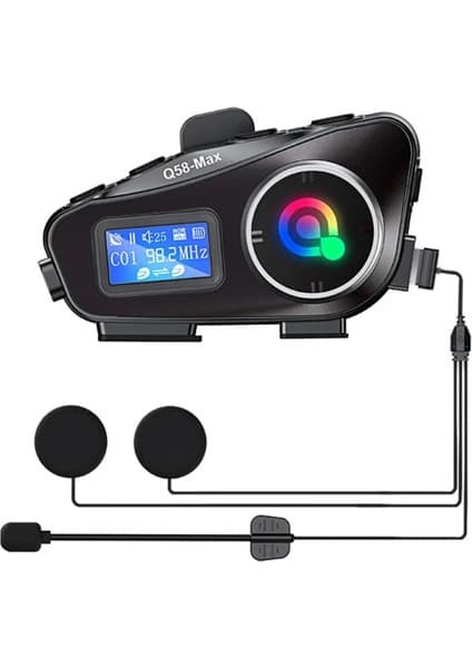 Değirmen Grup Q58-MAX Radyolu 2 Kişi Bağlantılı Bluetooth Kask Kulaklık Ekranlı Fenerli Müzik ve Telsiz Intercom ( Lisinya )