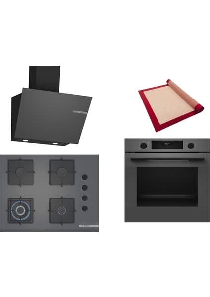 Bosch Gri 3 Lü Ankastre Set 421 ( HUA717BN0T - POH7C9P30O - DWK66PJ70T ) 67CM Wok Bek Ocak - Buhar Destekli Fırın - Pişirme Matı ile