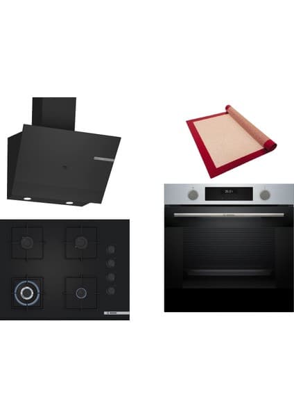 Bosch Siyah 3 Lü Ankastre Set 458 ( HUA717BR0T - POH7C6P30O - DWK67PJ60T ) 67CM Wok Bek Ocak - Buhar Destekli Inox Fırın - Pişirme Matı ile