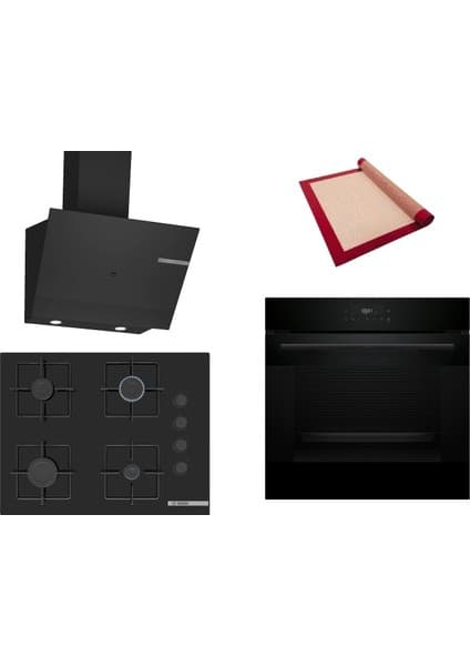 Bosch Siyah 3 Lü Ankastre Set 476 ( HJG852YB0T - POP7C6P30O - DWK67PJ60T ) 67CM Ocak - 3D Fry Hava ile Kızartma - Pişirme Matı ile