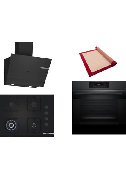 Bosch Siyah 3 Lü Ankastre Set 466 ( HJG852YT0T - POH7C6P30O - DWK67PJ60T ) 67CM Wok Bek Ocak - 3D Fry Hava ile Kızartma - Pişirme Matı ile