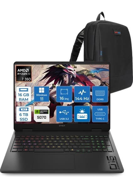 Hp Omen 16-AP0006NT Amd Ryzen Aı 7 350 16GB Ddr5 6tb SSD RTX5070 8gb Gddr7 16 Inç Wuxga (1920 x 1200) 144HZ 300NİTS IPS Windows 11 Home Taşınabilir Bilgisayar C52R1EAH05 + Zetta Çanta