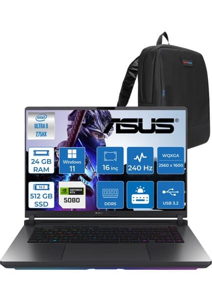 Asus Rog Strix G16 G615LW Intel® Core™ Ultra 9 Processor 275HX Aı Ddr5 24GB 512GB SSD RTX5080/16GB 175W 16INÇ 2k Wqxga 240Hz IPS WINDOWS11HOME Gaming Laptop S5189H01+ZETTAÇANTA
