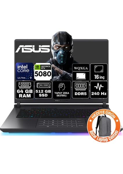 Asus Rog Strix G16 Intel Core Ultra 9 275HX 64GB 512GB SSD RTX5080 16GB 175W Windows 11 Pro 16\