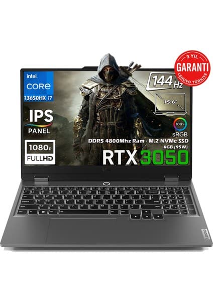 Lenovo LOQ 15IRX9 Intel Core i7-13650HX 64GB 1TB SSD RTX 3050 6GB (95W) 15.6'' 144Hz FHD IPS Panel Freedos Taşınabilir Bilgisayar 83DV011CTRN3