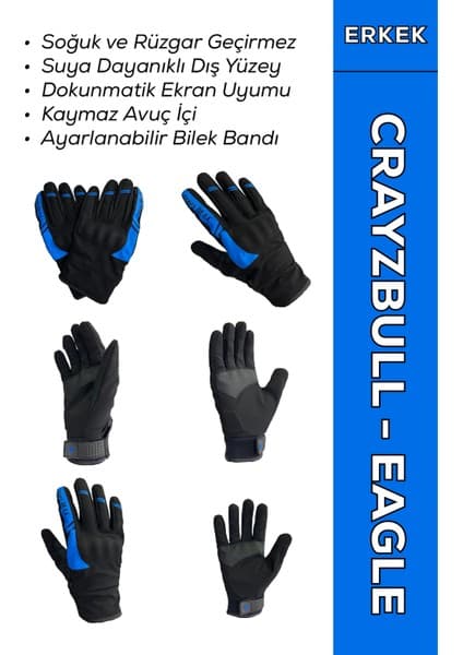 Motokit / Crayzbull Eagle Mavi Su ve Rüzgar Geçirmez Kışlık Erkek Motosiklet Eldiveni 2XL