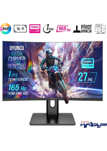 Warp WRP27-165-B 27" 165Hz 1ms 1000R Curved FHD G-Sync & FreeSync RGB Oyuncu Monitörü