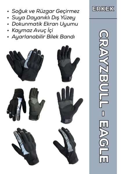 Crayzbull Eagle Gri / Su ve Rüzgar Geçirmez Kışlık Erkek Motosiklet Eldiveni L