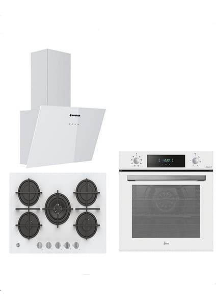 Hoover 3'lü Ankastre Set 5 Gözlü 75 cm Gaz Ocaklı - Beyaz (HO3158W FIRIN/HVG74WK3W OCAK/HDG6C1GWTK Davlumbaz)