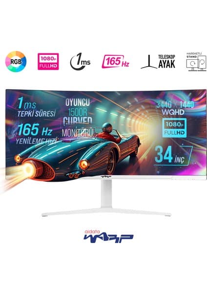 Warp WRP34-165-W 34" 165HZ 1ms Rgb Curved (Hdmı + Display Port) Freesync + G-Sync (3440*1440) Wqhd Oyuncu Monitörü - Beyaz