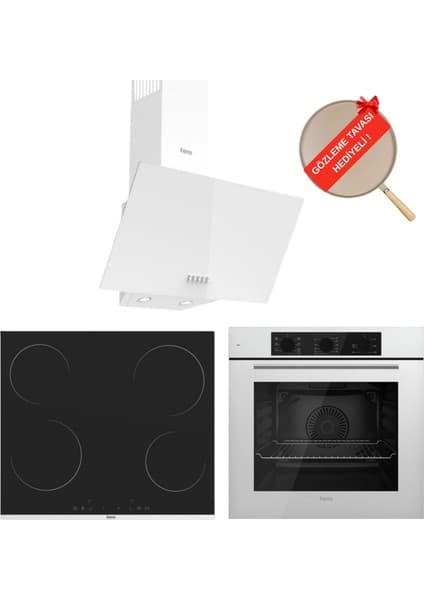 Ferre Flowart Forte Vitroseramik Elektrikli Beyaz Ankastre Set ( D087 + MS261 + QBL62CB )