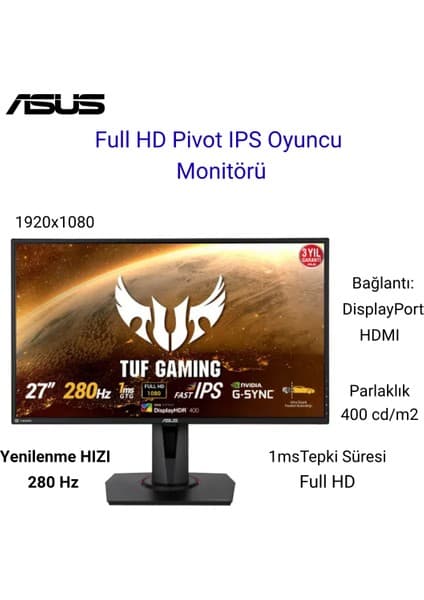 Asus Tuf Gaming VG279QM 27″ 1ms 280Hz IPS Full Hd Gaming (Oyuncu) Monitör