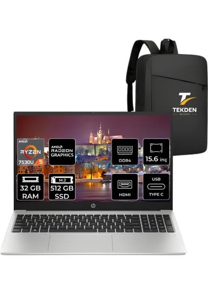 Hp 255 G10 Amd Ryzen 5 7530U 32GB 512GB SSD 15.6'' Fhd Fdos Taşınabilir Bilgisayar 8A547EA &tekdençanta