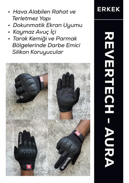 Motokit Revertech Aura Siyah 2XL - Dokunmatik Ekran Uyumlu Motosiklet Eldiveni (Erkek)