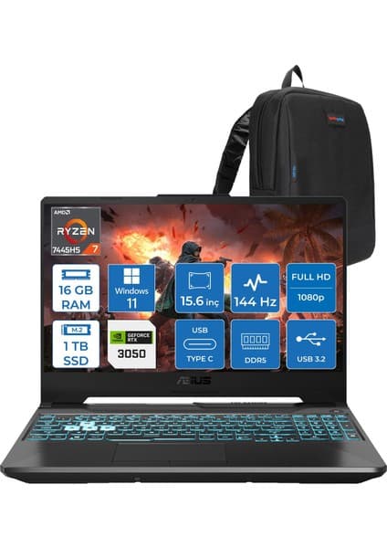 Asus Tuf Gaming A15 – FA506NCG Amd Ryzen 7-7445HS 16GB Ddr5 1tb SSD Rtx 3050/4GB 75W 15.6 Inç Full Hd 144Hz Ips-Level WIN11HOME Gaming Bilgisayar HN206AF03+ZETTAÇANTA